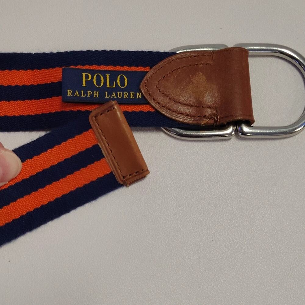 Polo Ralph Lauren Striped D-Ring Belt Navy Blue Orange Canvas Leather Trim 43" - Picture 6 of 8